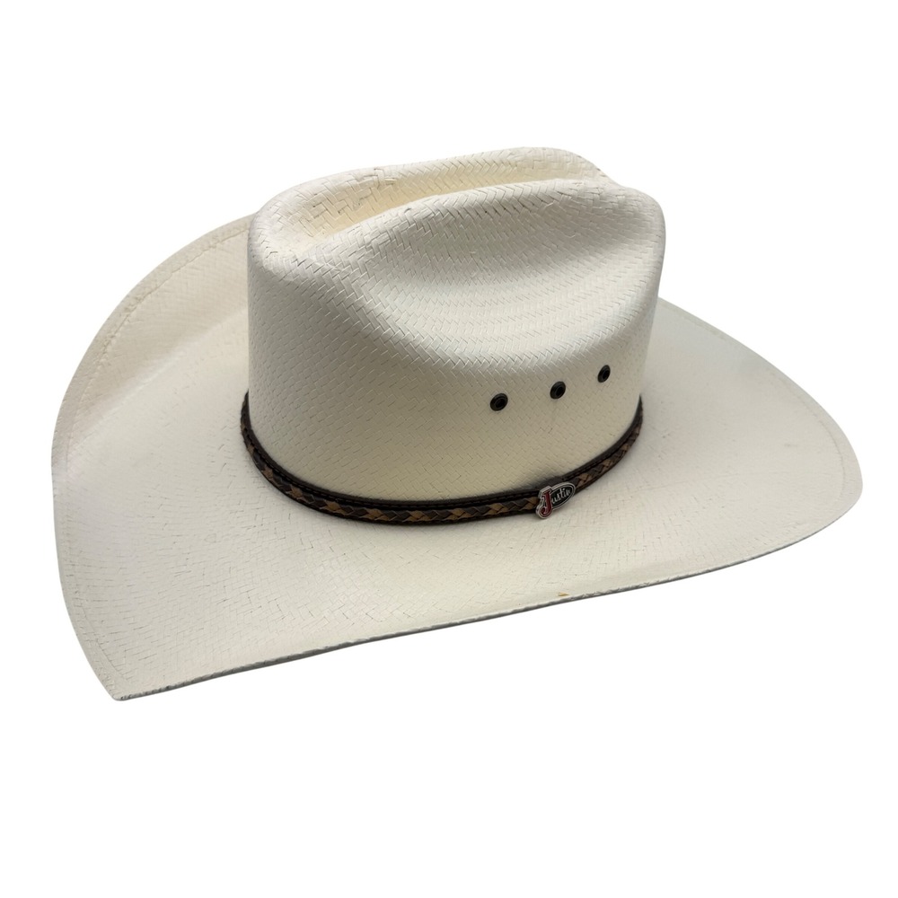 Justin Cowboy Hat Unisex (55) 6 7/8 Cream Straw Braided Band Cattleman Crease